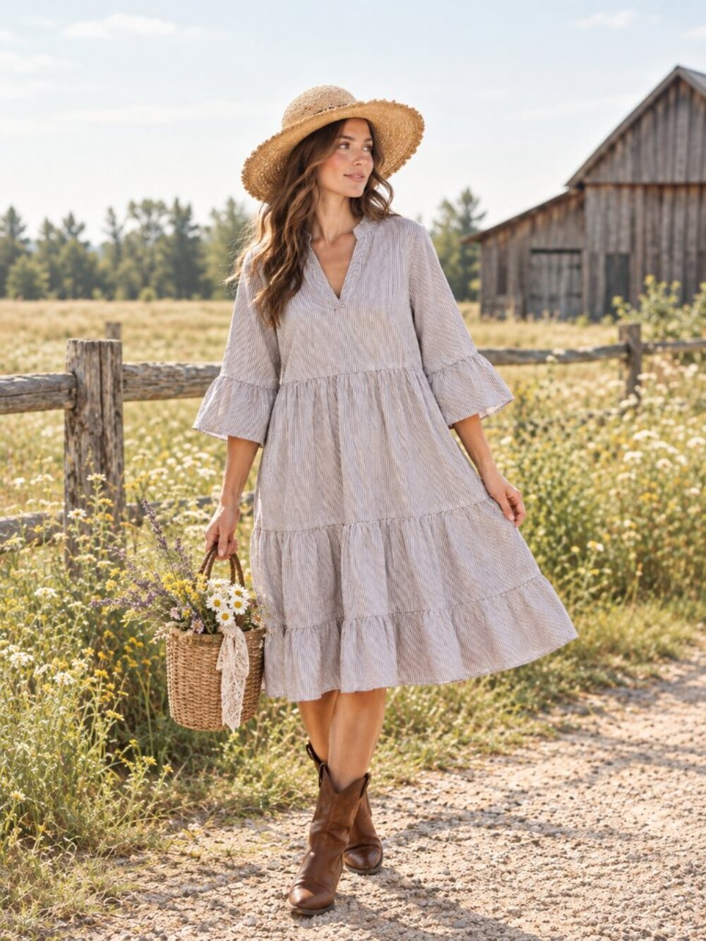 Fimarsted Womens New Midi Dress Tan Stripe Ruffle Hem Bell Sleeve Prairie Flirty